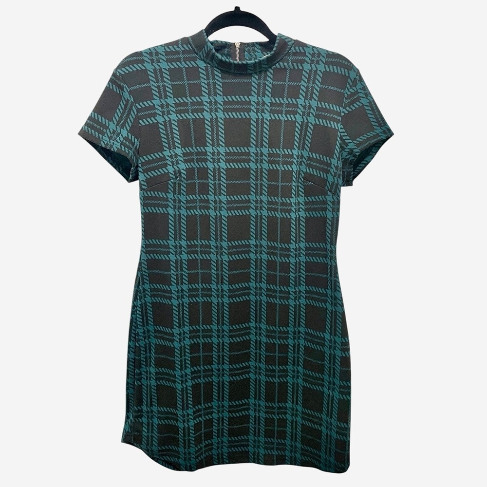 Apricot Plaid Shift Dress Women Size 8 Teal Black Dark Academia Preppy Grunge
